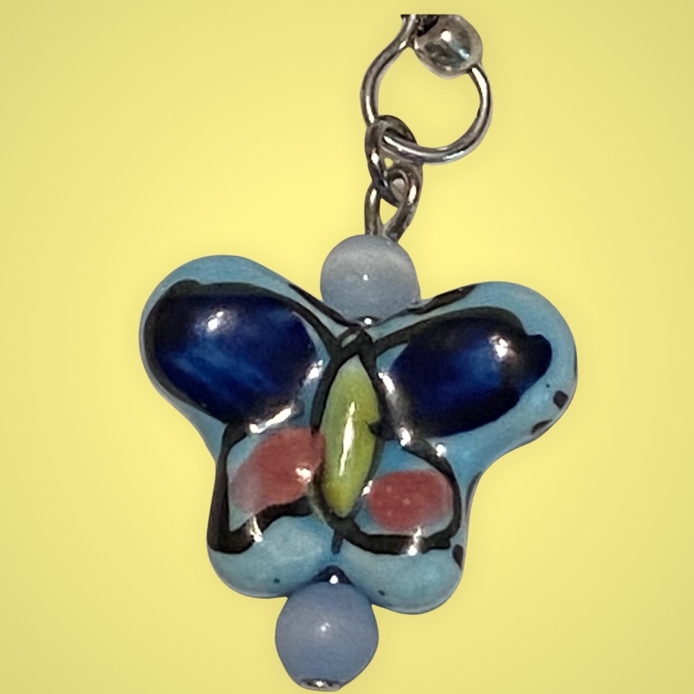 Hand Crafted Butterfly Earrings Porcelain Long Dangle Blue Pink Pierced - Picture 4 of 7